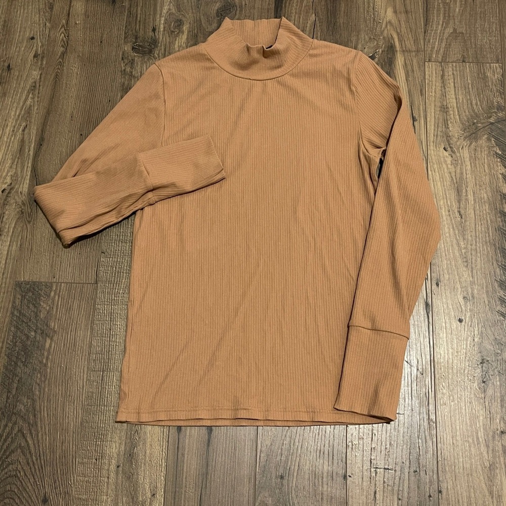 J.Crew Women Camel Tan Ribbed Mock Neck Long Sleeve Top Size L